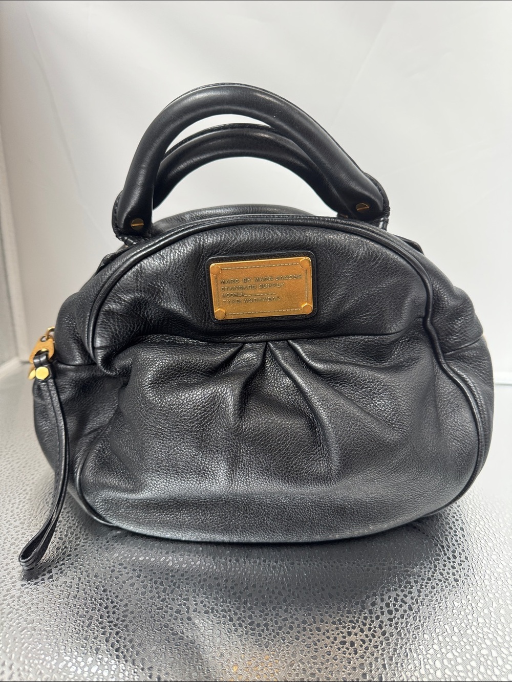 Marc Jacobs Black Pebbled Leather Top-Handle Satchel with Gold Plaque